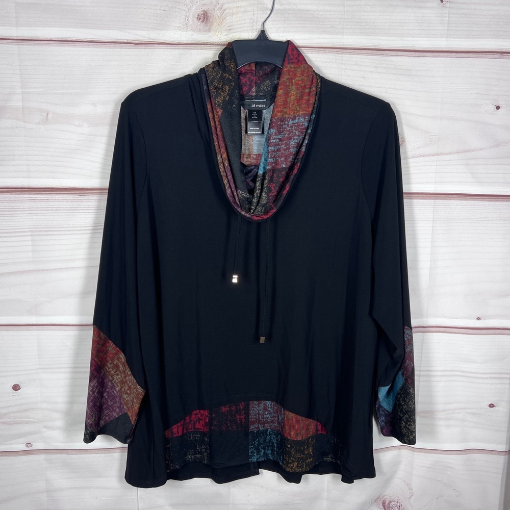 Ali Miles Tunic Top Women 1X Black Cowl Neck Patchwork Contrast Trim Lagenlook